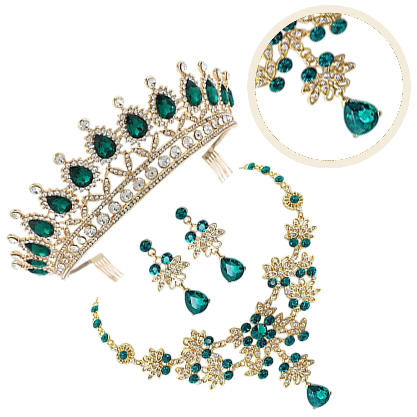 

1Set Crown Necklace Earring Set Elegant Jewelry Wedding Dress Accessories for Women Special Party Prom Gift Green