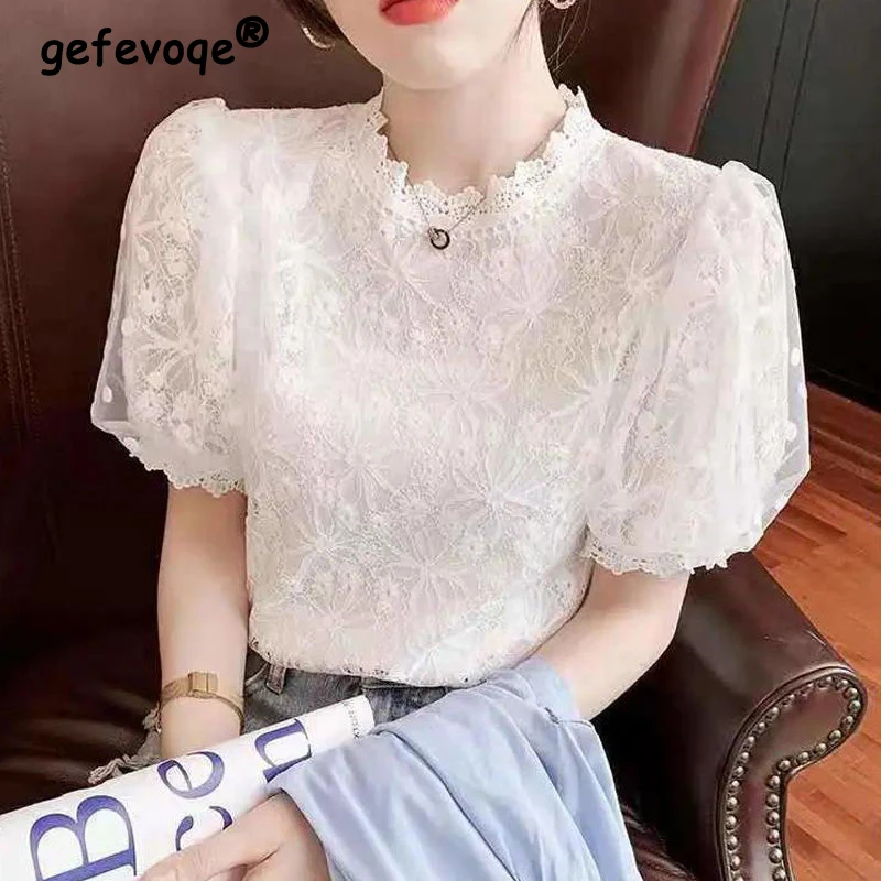 

Elegant Fashion Hook Flower Hollow Mesh Splice Lace Blouse Woman 2022 Summer New Office Lady Commute All-match Puff Sleeve Shirt