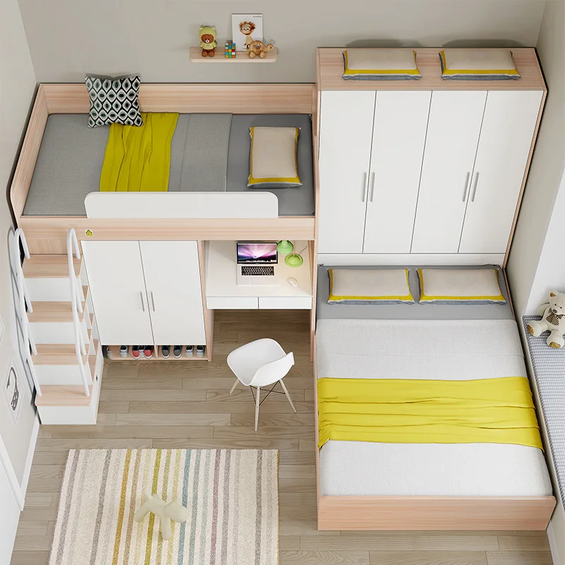 Children's bed up and down bed integrated bed, combination staggered small apartment wardrobe double layer mother and child high