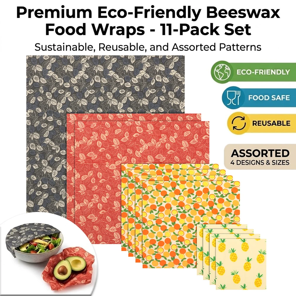 11Pcs Beeswax Food Wraps Organic Cotton Reusable Food Storage Wrap Mixed Size Beeswax Paper Set for Home Kitchen And Picnic Use