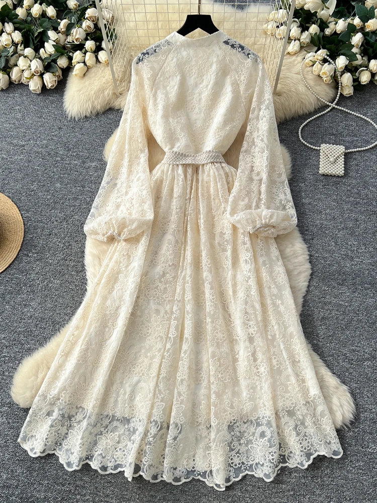 Abito francese in rete con paillettes con perline per unghie retrò per donna Primavera Autunno Elegante festa di compleanno Abito a maniche lunghe attillato in vita S255