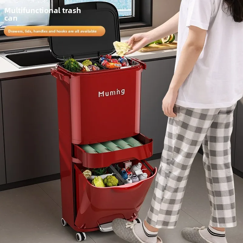 Ergonomic No Bend Kitchen Trash Can Pedal Bin Wheels Dry Wet Separation Kitchen Trash Bin No Bending Over Trash Can Bathroom Bin