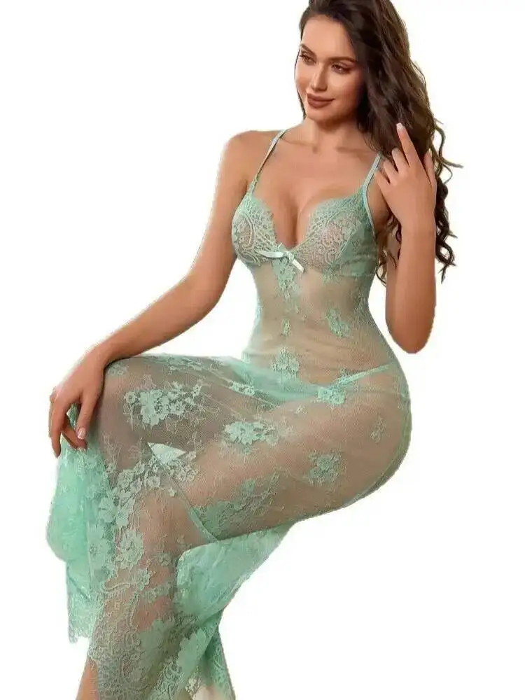 Robe longue en dentelle transparente, Lingerie Sexy, maille, Camisole, nœud papillon Transparent, dos nu, bretelles en V profond, sans manches, LABT