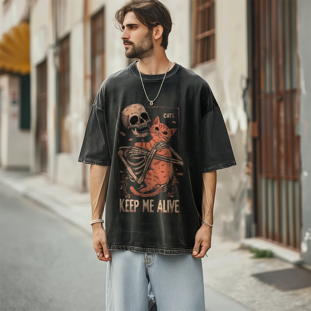 Cute Fun Old Washed Denim Short Sleeved Skull And Cat Letter Print Crew Neck Shoulder Down New 2024 Summer T-Shirt