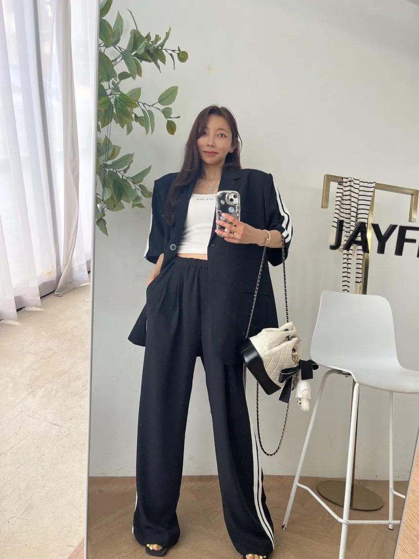 Conjunto de Chaqueta y Plón Casual Hoado para Mujer con Bloques de Color y Doble Raya, Cintura Elástica Ajustable y Pie...