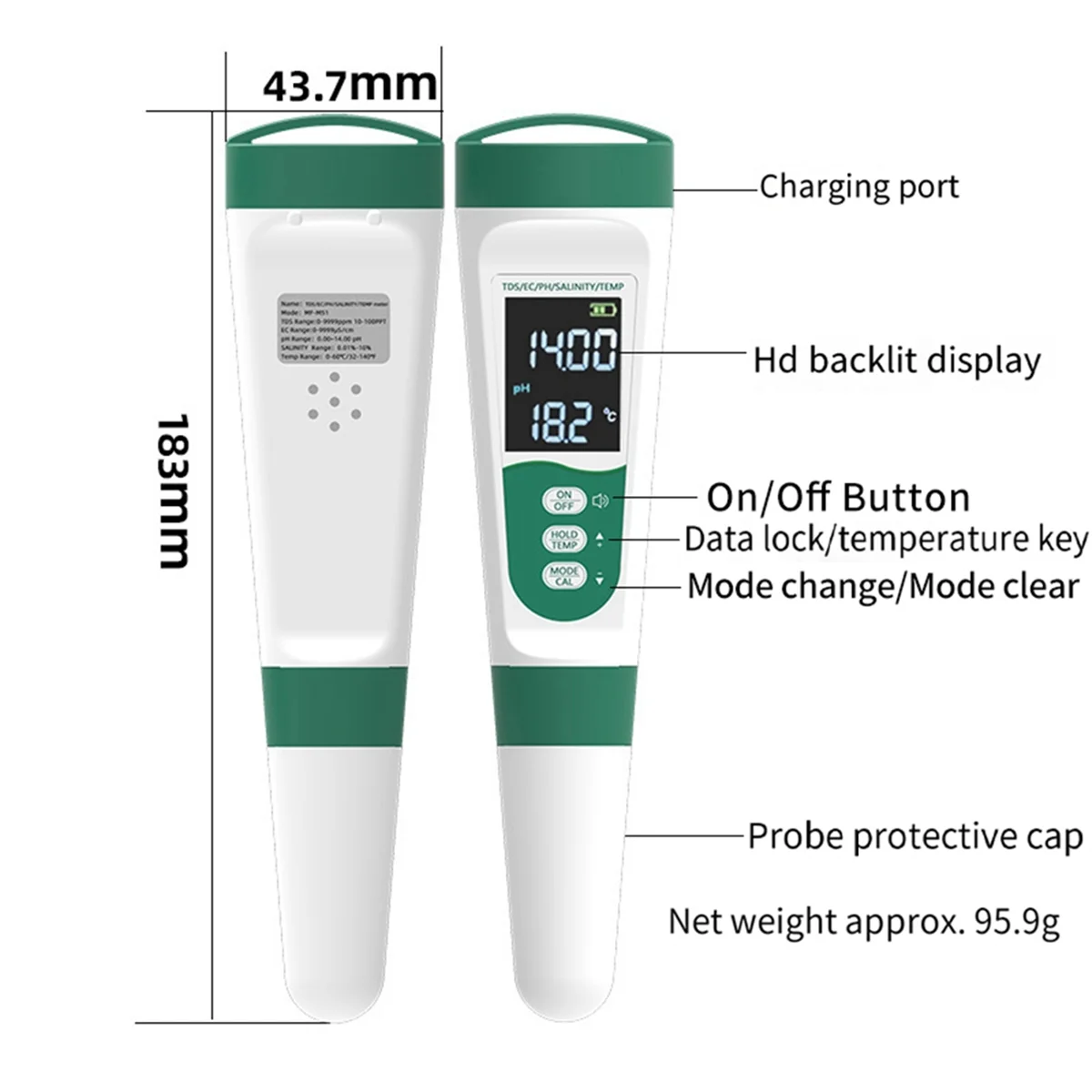 Water Quality Test Pen Voice Model EC Acidity Ph Meter Tds Salinity Meter Multi-Parameter Water Quality Tester