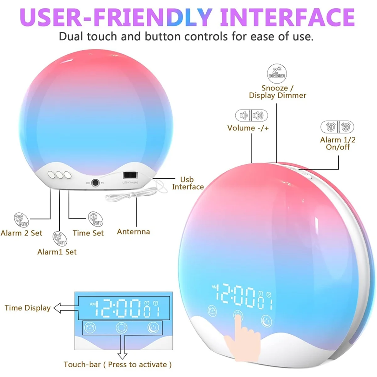 Reloj despertador Sunrise con Control táctil, luz de doble cara para dormitorio, alarma Dual y repetición