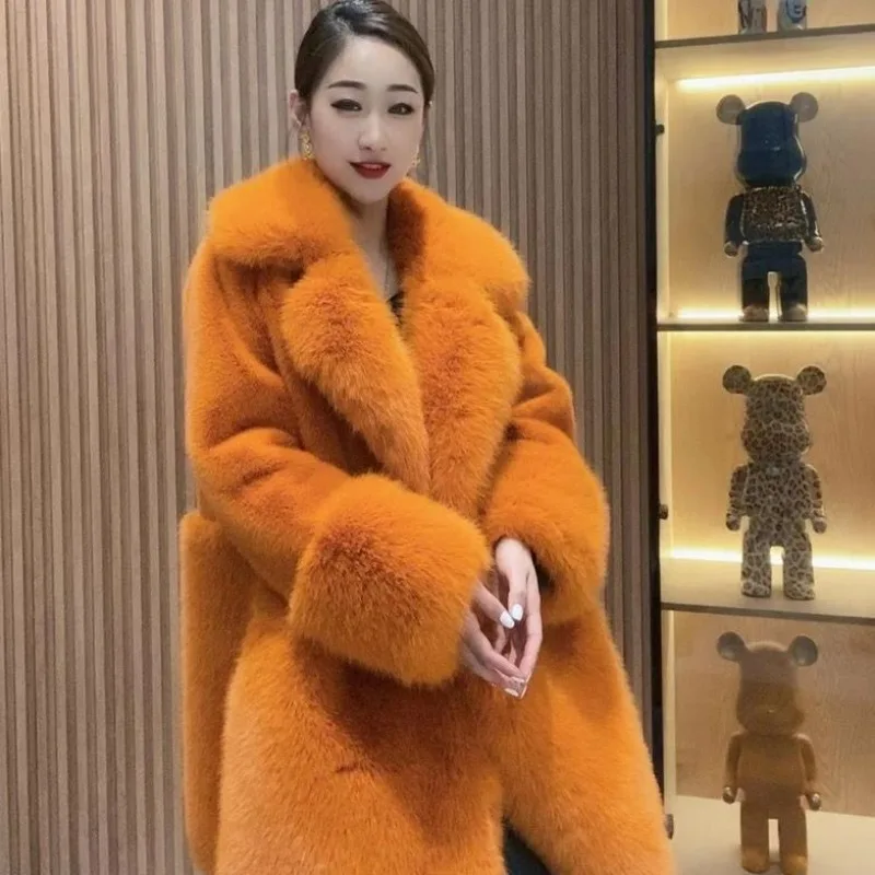 2023 Winter New Long SleeveFashion Faux Fur Coat Women  Double Face Wool Leather Heavy Embroidery Sequins Casual Elegant Jacket