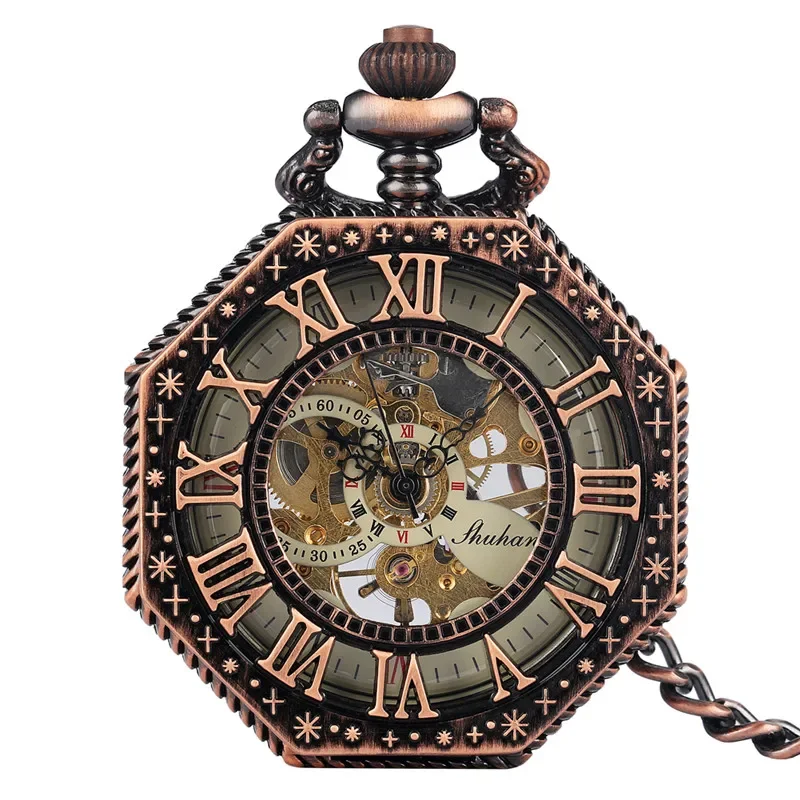 Vintage Red Copper Octagon Design Clock Skeleton Handwinding Mechanical Pocket Watch for Men Women Roman Number FOB Chain