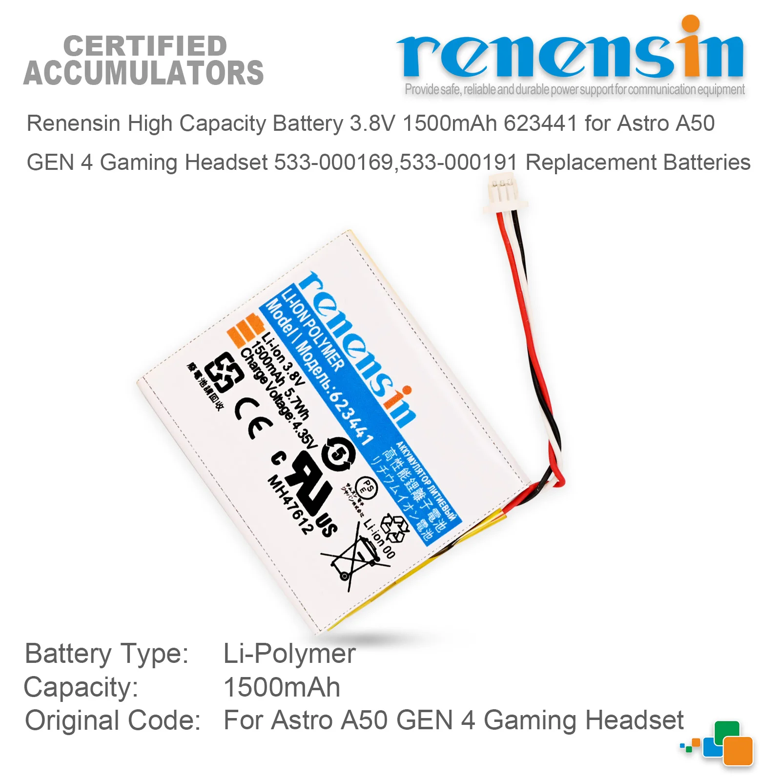 Renensin High Capacity Battery 1500mAh 623441 for Astro A50 GEN 4 Gaming Headset 533-000169,533-000191 Replacement Batteries 3.8