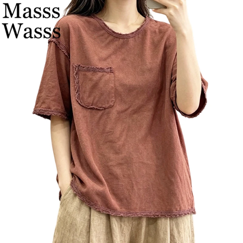 Masss Wasss European Summer Womens Fashion Tops Loose Casual Solid O Neck T-shirts Ladies Classic Vintage Cotton Luxury Clothes