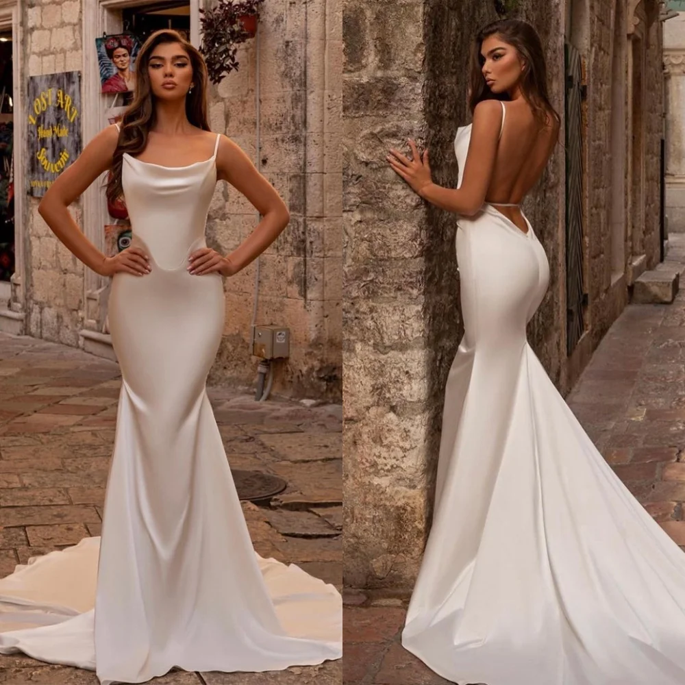

Customized Mermaid Exquisite Satin Bridal Gowns Temperament Strapless Sleeveless Evening Dress Sexy Open Back Bridal Party