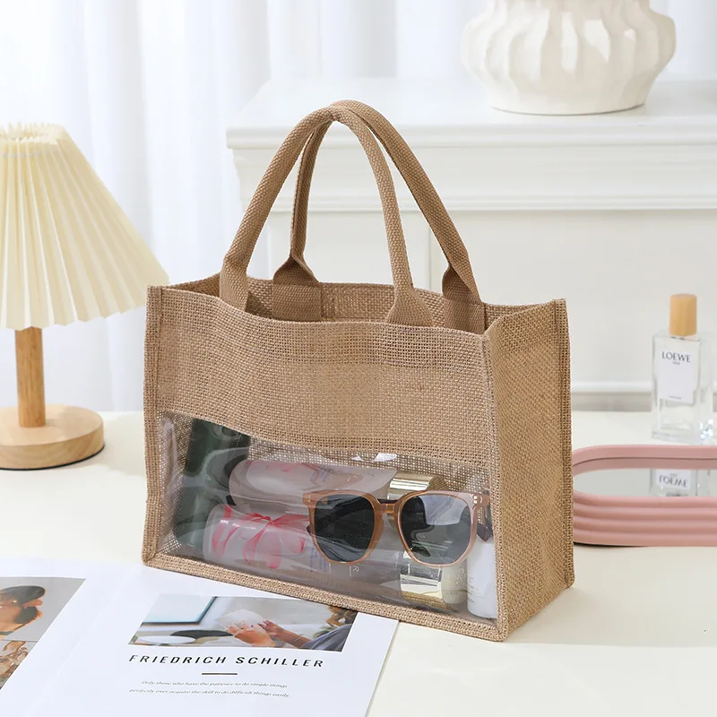 Wholesale Custom Logo Jute Tote Bag Transparent PVC Window Design Reusable Shopping Handbag Beach Gift Bags Custom Printed Logo