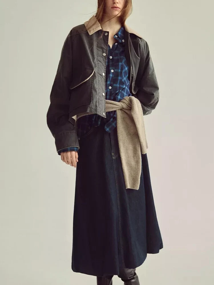 

European and American style 2025 autumn new women's loose casual stitching washed pocket decoration jacket coat