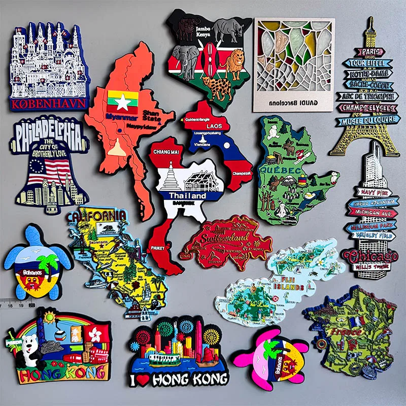 PVC Fridge Magnet Myanmar Thailand Laos Gaudi HK Bahamas Argentina Canada Kenya Chicago Paris France FIJI Danmark Venezuela