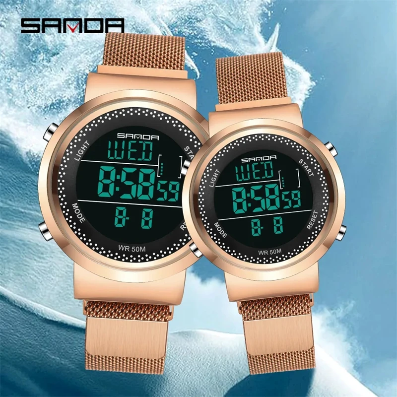 SANDA-reloj deportivo Digital Led para hombre y mujer, cronógrafo con correa de malla de acero inoxidable, resistente al agua hasta 50m, 383, 384