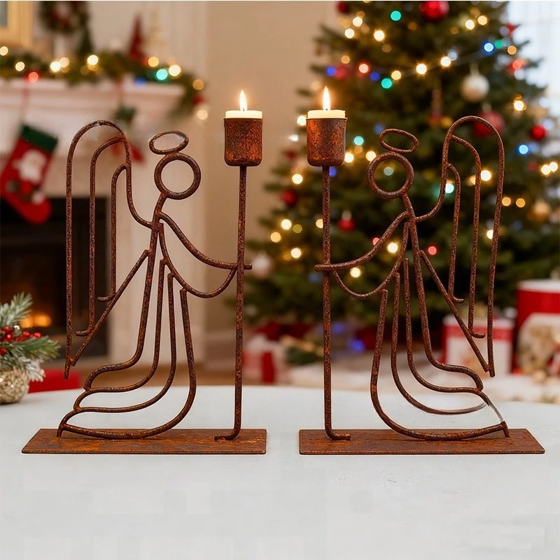 Nordic minimalist angel candle holder,wrought iron made rusty candle holder decoration,festive atmosphere decoration ornaments