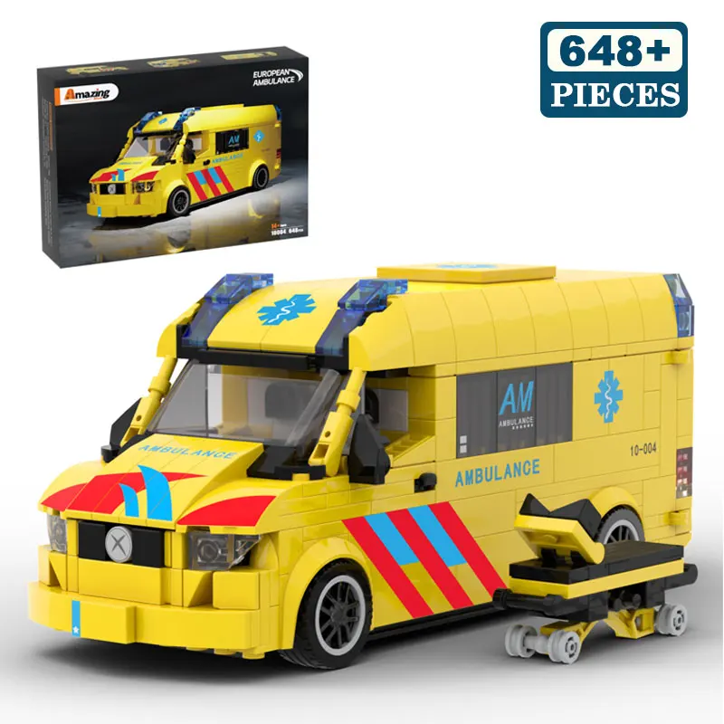 MOC 648 pièces modèle d'ambulance européen petits blocs de construction véhicule d'urgence jouets voiture de sauvetage assemblage cadeau pour les enfants collectionneurs