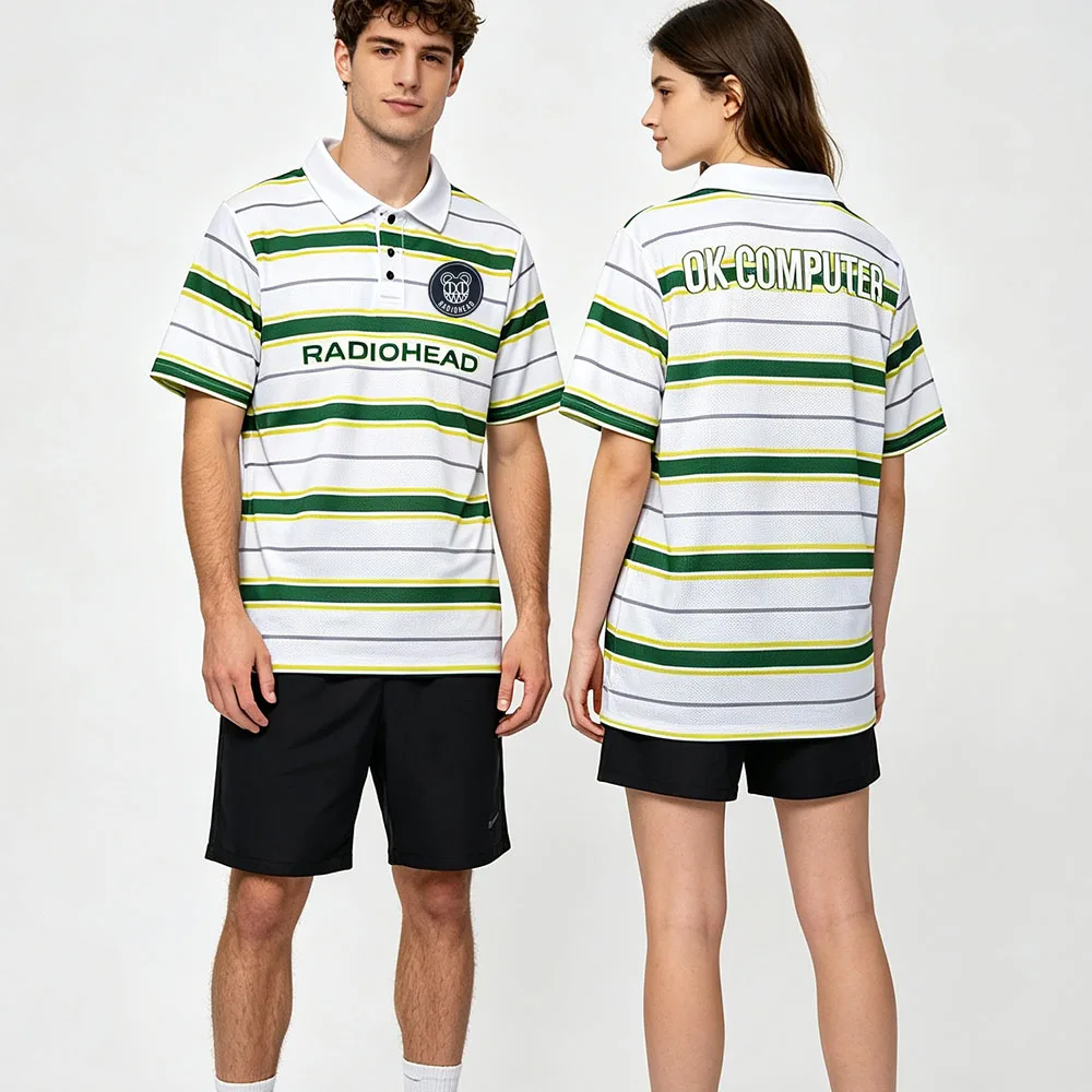 Radiohead OK Computer Striped Soccer Polo Jersey Rock Band Fan Streetwear Top Short Sleeve Summer T-shirt Full Print Unisex Tees