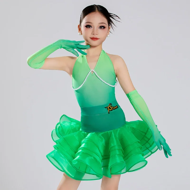 Vêtements de danse latine pour filles, vert, dégradé de perles, col licou, dos nu, body et jupes trapèze en maille, Costume de spectacle uniforme