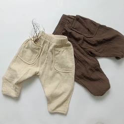 Children Cotton Linen Solid Color Pants Baby Boys Girls Pants Elastic Waist Trousers Spring Autumn 1-6Yrs Kids Casual Pant