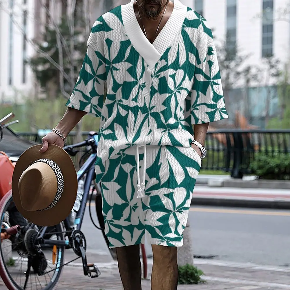 Nova moda masculina conjunto verão estilo havaiano solto plus size roupas masculinas folha impressão série shorts de manga curta conjunto de duas peças