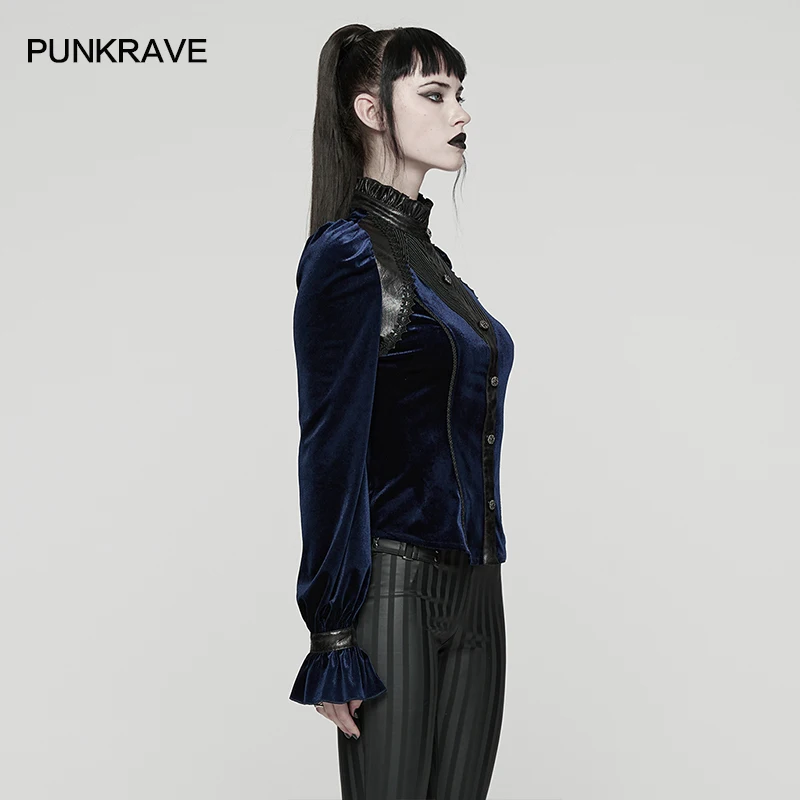 فاسق الهذيان المرأة القوطي رائع تمتد المخملية البصرية قميص حساسة ثلاثية الأبعاد مثلث مقلوب الملمس التطريز القمم 2 ألوان