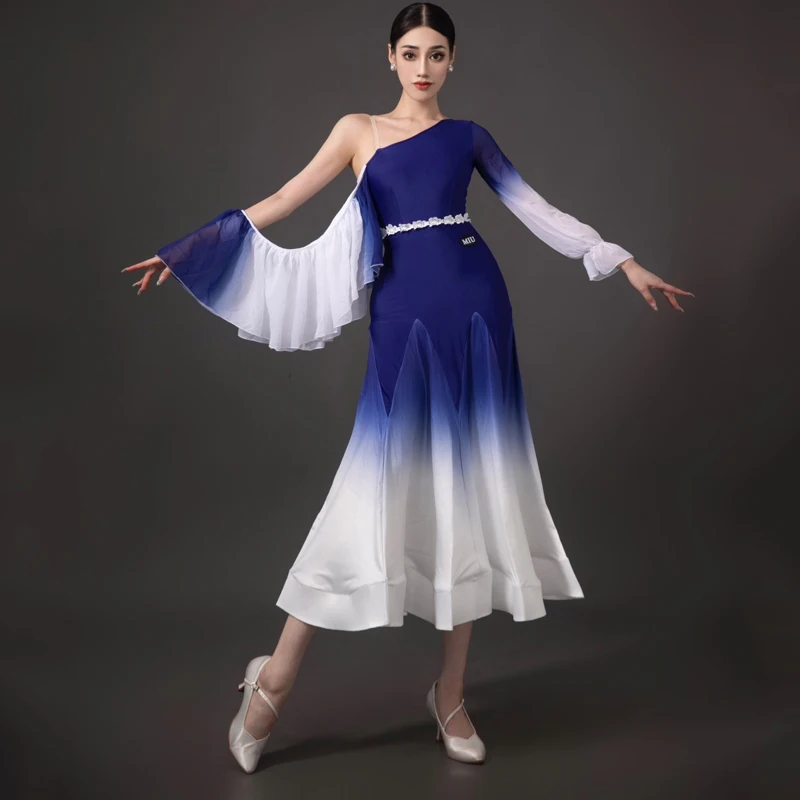 

New Ballroom Dance Dress For Women Gradient Single Sleeved Practice Clothes Chacha Rumba Waltz Modern Dance Dress