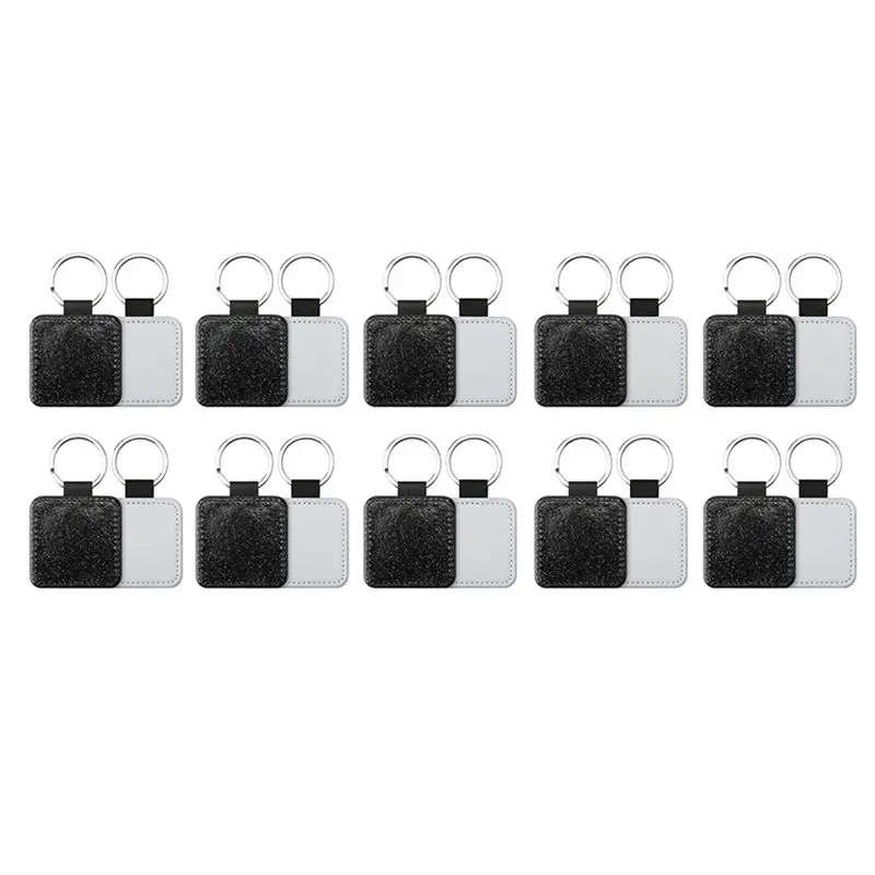 20 Pack Glitter PU Leather Keychain Heat Transfer Keyring Sublimation Blank Square Black-Y18A