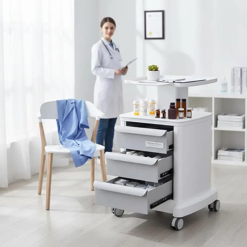 Chariot de laboratoire à 4 niveaux, chariot de laboratoire avec 3 tiroirs et 1 étagère supérieure, chariot médical mobile en matériau ABS, chariot de laboratoire avec 4 roues silencieuses pour laboratoire, clinique, hôpital, salon, blanc