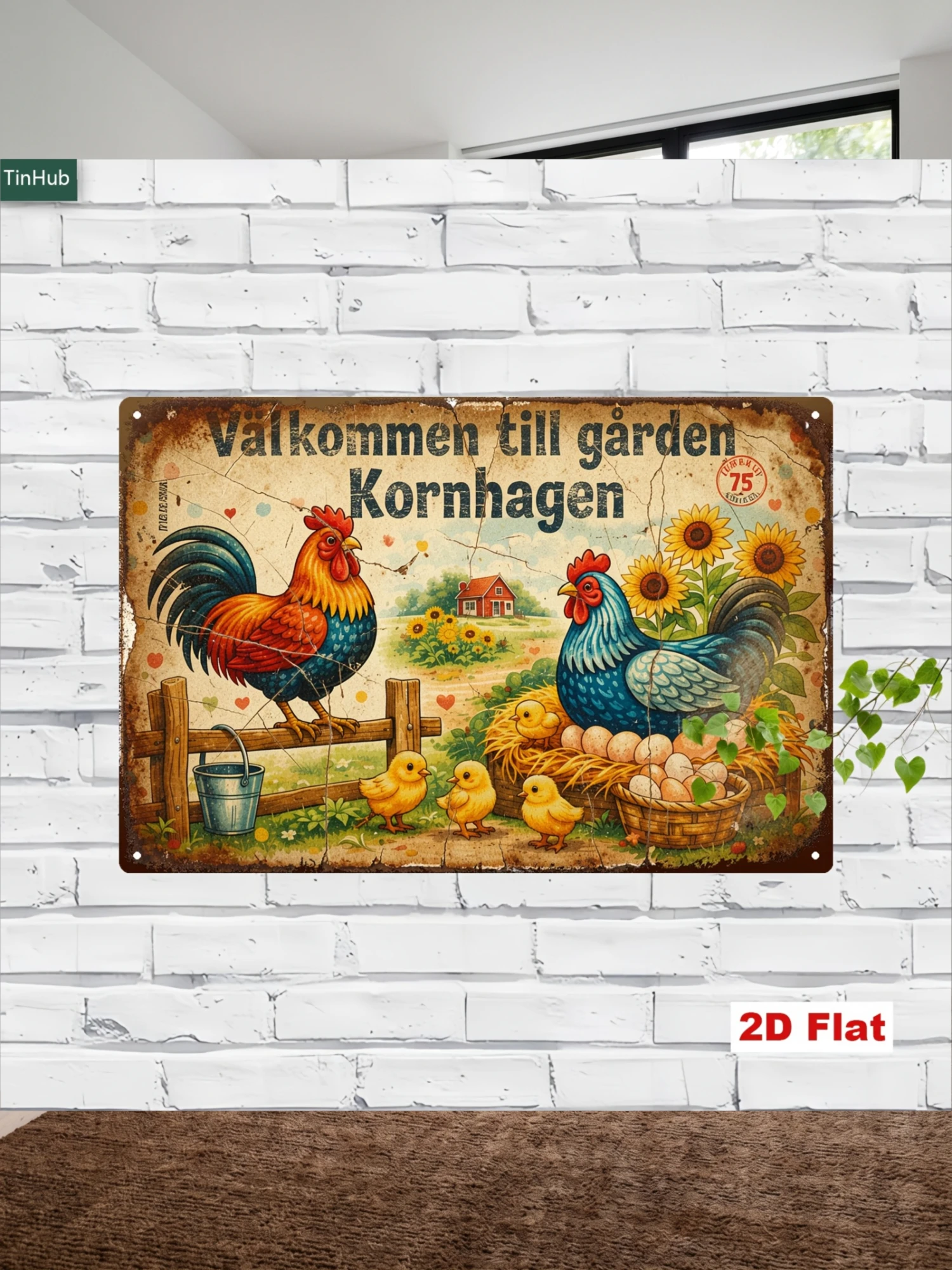 2D Flat 1pc Vintage Swedish Metal Sign, 7.87X11.81inch Iron Wall Decor, Rustic Rooster Hen And Sunflower Pattern, Suitable for Farm Garden Courtyard Cafe And Country Style Home Decoration Tin Poster, Hanging Wall Decor, Rustic Art, Wall Ornament