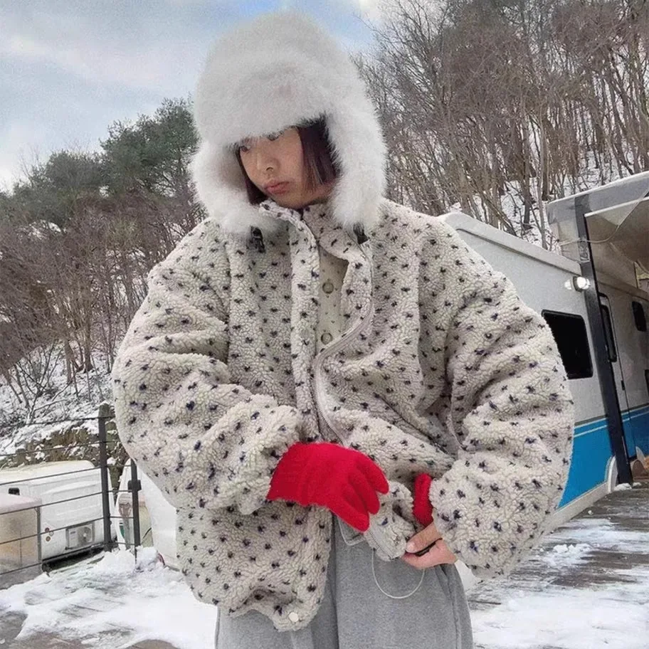 Retro óleo seul zíper coração bolinhas fce leve casaco quente gola senhoras outerwear thiened longo sve casaco