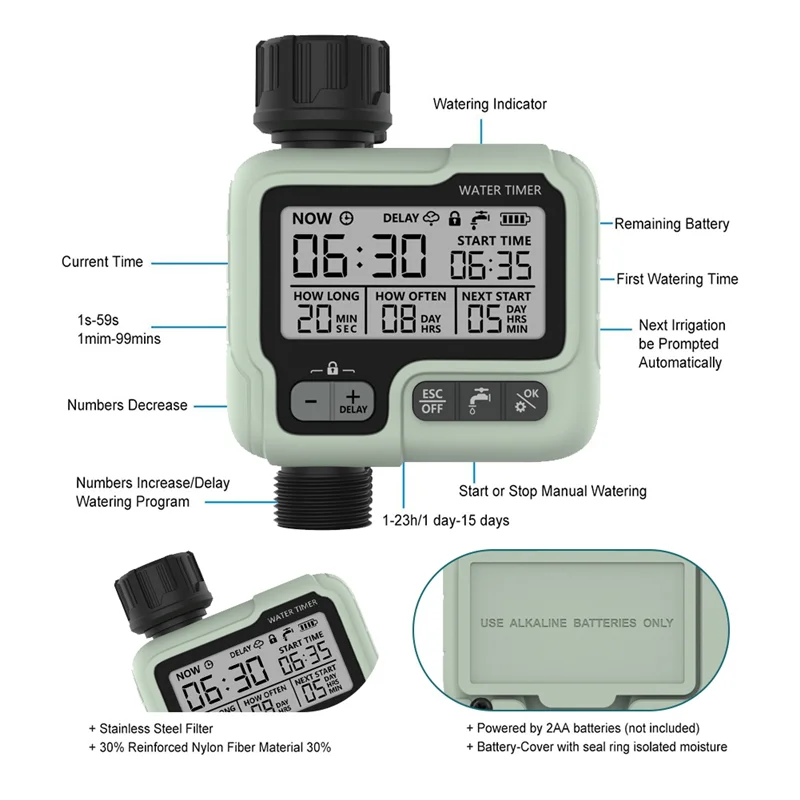 ABLL-Temporizador de aspersor Digital, temporizador de agua programable para manguera de jardín, Control de riego automático y Manual para patio, césped