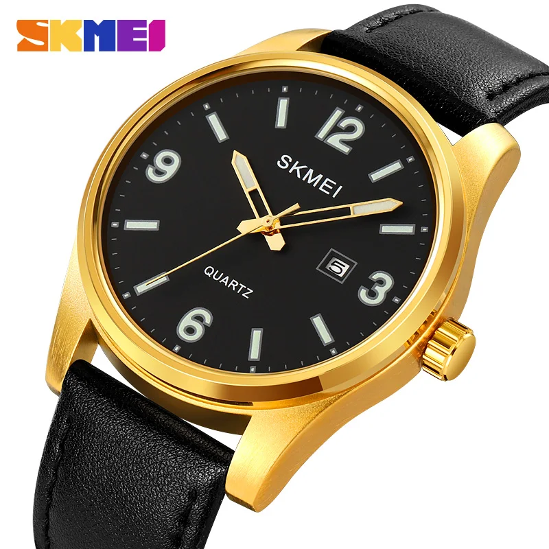 SKMEI New Simple Men's Watches Leather Strap Quartz Watches Fashion Mens Casual Date 3Bar Waterproof Business Wristwatch Clock