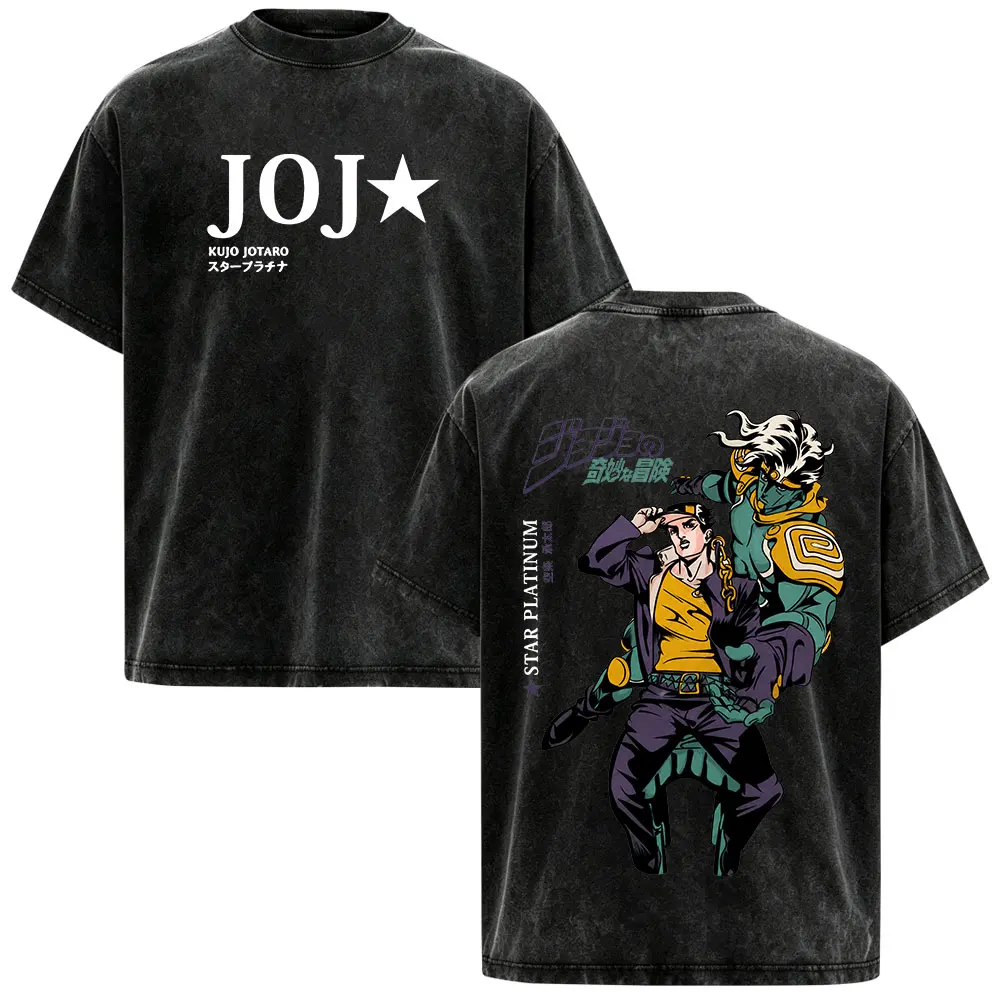 Anime JoJo Bizarre Adventure Kujo Jotaro Vintage Washed T-shirts Men's Women Clothing Fashion Short Sleeves T Shirts Streetwear