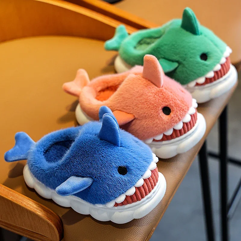 Dziecięce kapcie bawełniane Baby Boy Shoes Autumn Winter Cute Cartoon Small Shark Child Slipper Home Indoor Anti-slip Platform Shoe