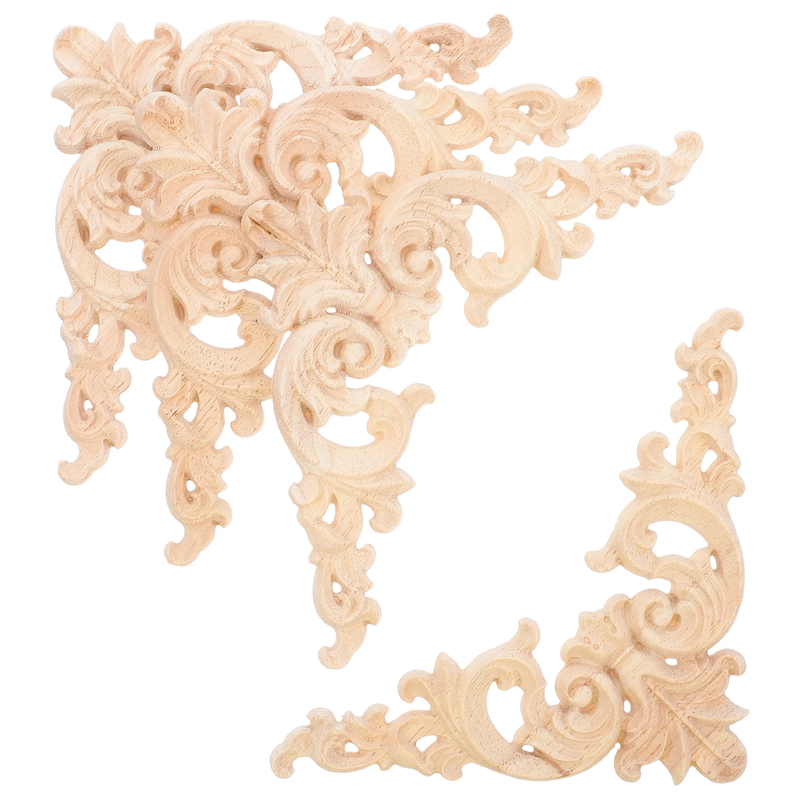 

4 Pcs European Style Wood Onlays Hand Carved Furniture Decorative Appliques Light Brown Cabinet Door Corner Design Solid Wood