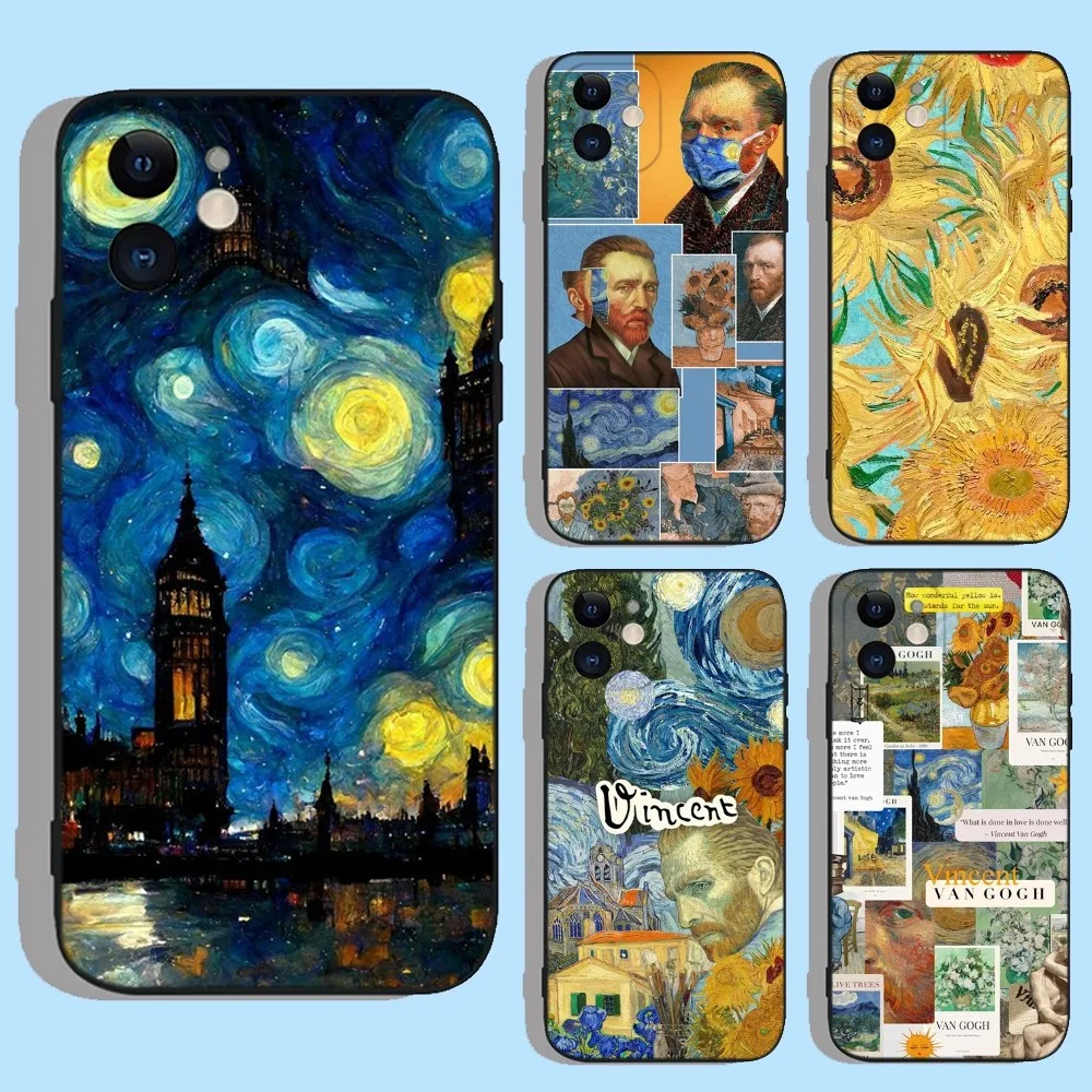 

Vintage Van Gogh Pattern Phone Case For iPhone 16e,16,15,14,13,12,11,XS,XR,X,8,7,Pro,Max,Plus,mini Silicone Black Cover