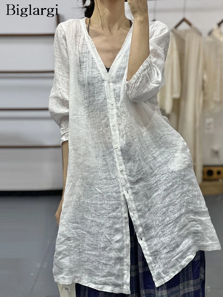 

Oversized Summer V-Neck Shirts Tops Women Long Sleeve V-Neck Fashion Ladies Blouses Casual Loose Pleated Woman Midi Shirts Tops