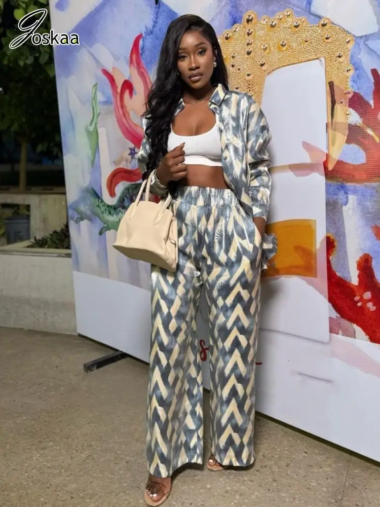 

Joskaa Print 2 Piece Sets Women Hipster Lapel Long Sleeve Blouse and Wide Leg Pants Matching 2025 Summer Holiday Streetwear