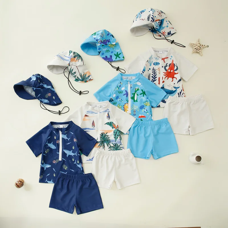 Boys Two-piece Swimsuit + Sun Hat Kids Cartoon Shark Whale Print Sun-protective Quick-Dry Surfing Bathing Suit Baby Swimwear
