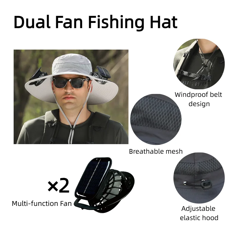 

Anti-UV Summer Cooling Hat with 2 Solar Charging Fans - UV Protection Wide Brim Bucket Cap for Men Outdoor Sun Hat for Camping