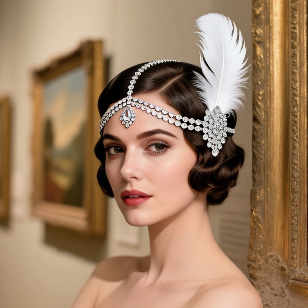 خمر 1920s الأبيض ريشة عقال غاتسبي النساء إكسسوارات الشعر تصميم العرقية حجر الراين رئيس سلسلة الزعنفة حفلة موسيقية مجوهرات هدية #1