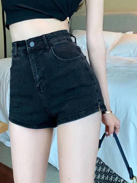 

Джинсовые брюки Bla с высокой талией, женские тонкие прямые летние новые корейские шорты, эластичные теплые брюки трапециевидной формы