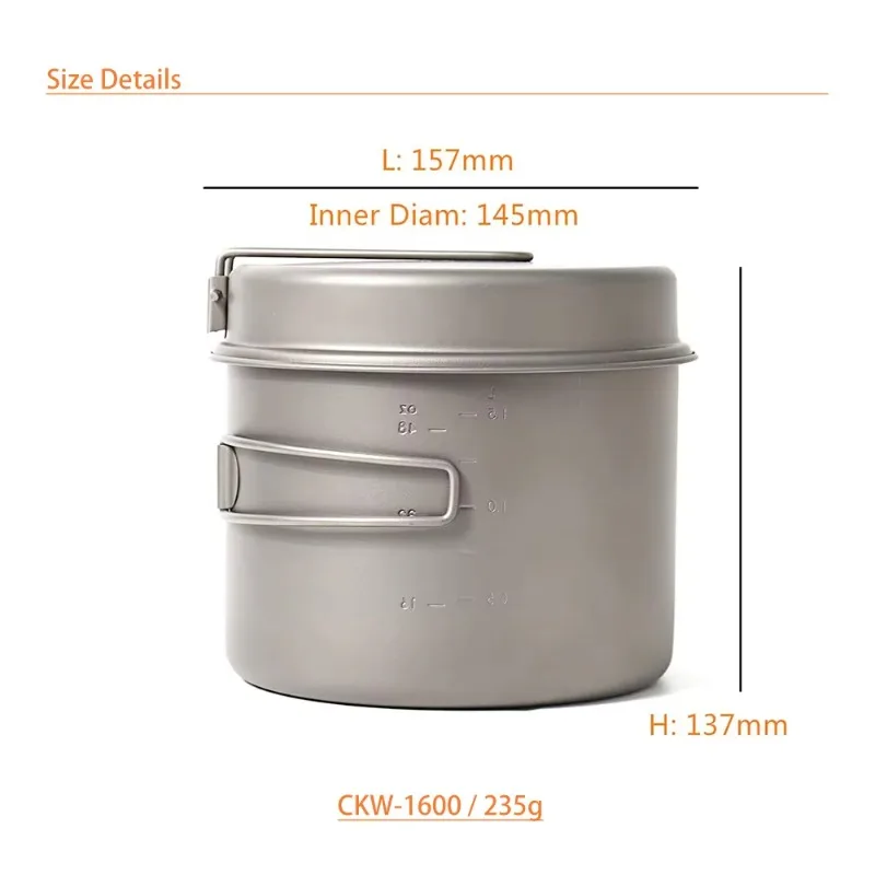 TOAKS CKW-1600 Titanium Outdoor Camping Pan Hiking Cookware Backpacking Cooking Picnic Bowl Pot Pan Set with Folded handle