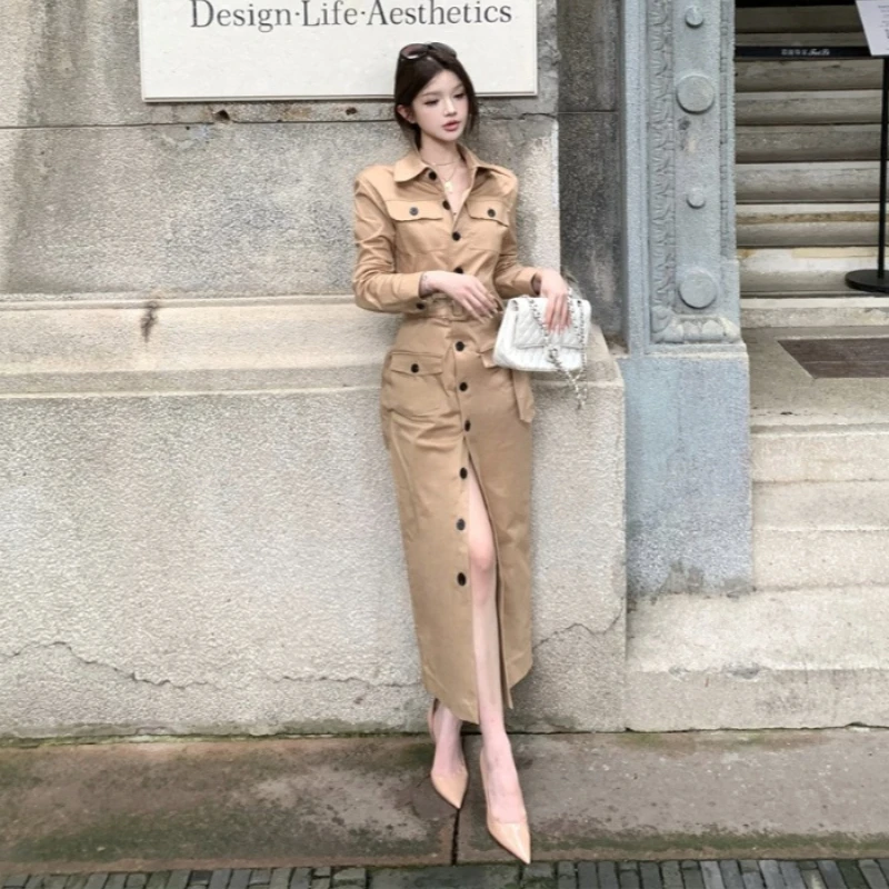 

Spring French Retro Casual Utility Style Dress Women's Turn-down Collar Long-sleeve Single Breasted Long Trench Dress Chic 2026