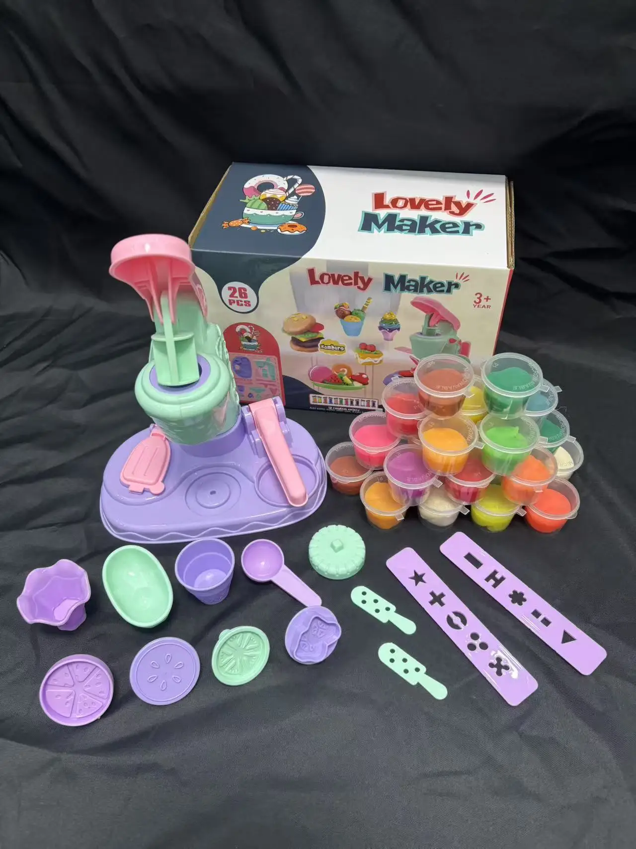 Non-Toxic Kids Clay Play Set: Hamburger Noodle Ice Cream Maker Molds Tools learning toys play doh