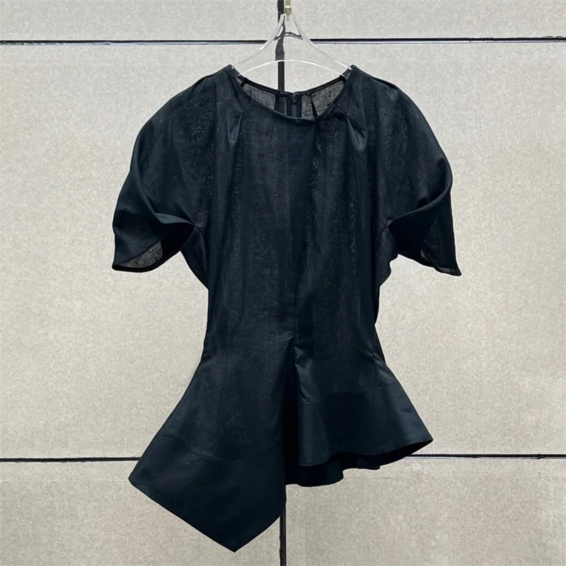 women's t-shirt New asymmetrical slim fit short sleeved top for summer 2026 Linen blend round neck women's shirt blouses tops
