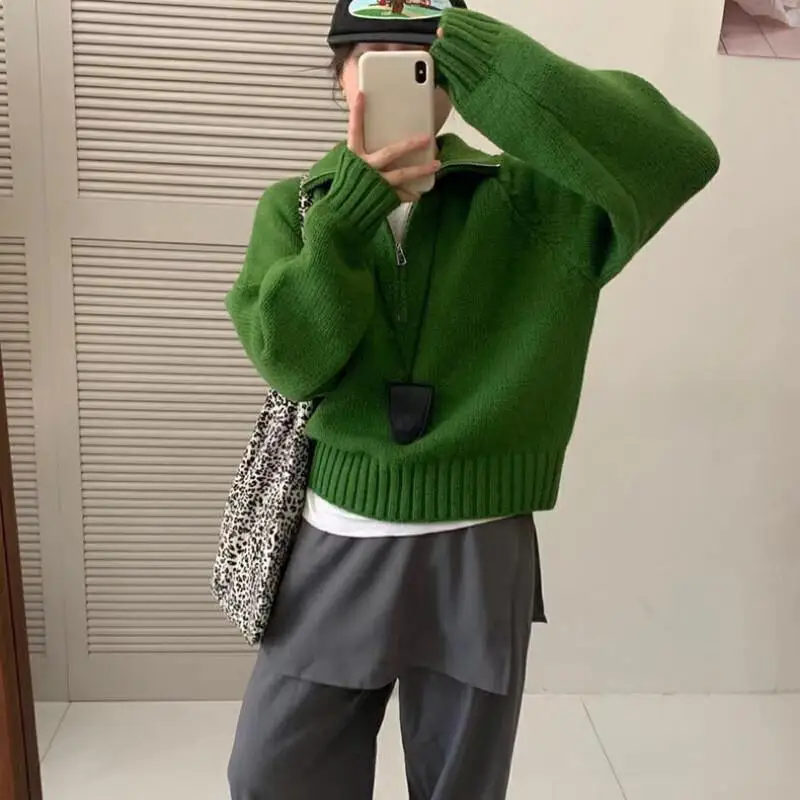 

Women's Cardigan Knit Korean Style Half High Neck Half Zip Red Sweater Girl's Autumn Winter New Design Loose Pullover Casual