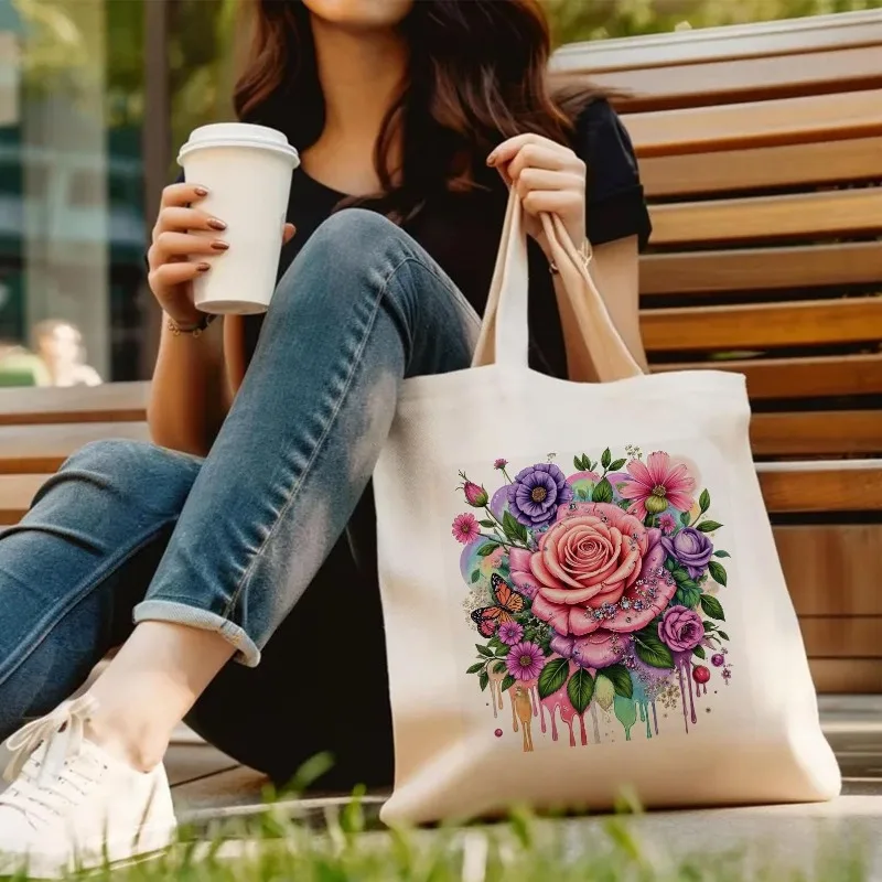 Colorful Rose Butterfly Graphic Canvas Tote Bag Women Reusable Shopping Shoulder Bag Floral Print Casual Daily Book Handbag